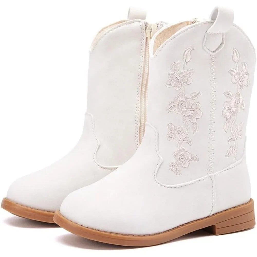 ⚡Girls 4-white Microfiber Little Kids Mid Calf Western Pointed Toe Riding Boots